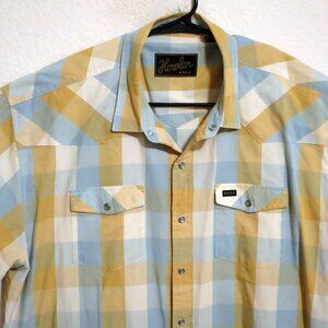 Howler Brothers Shirt Mens 2XL Short Sleeve Pearl Snap Yellow White Striped